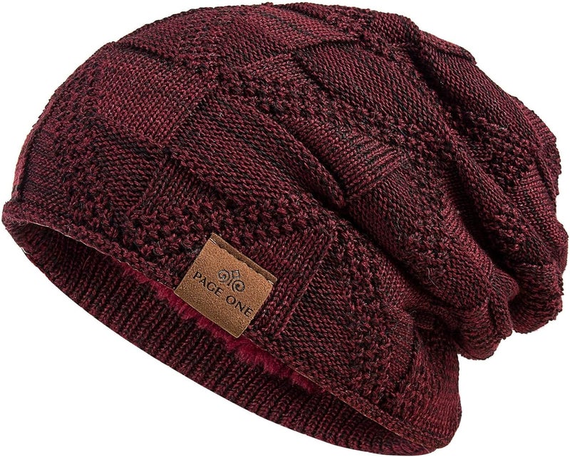 PAGE ONE Mens Winter Slouchy Beanie Warm Fleece Lined Skull Cap Baggy Cable Knit Hat - Image 1